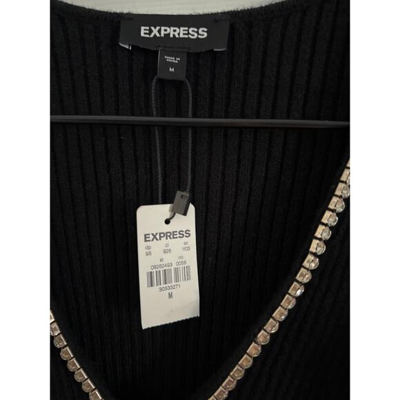 NWT EXPRESS | Black Knit Puff Sleeve Rhinestone holiday cocktail Sweater - Picture 4 of 6